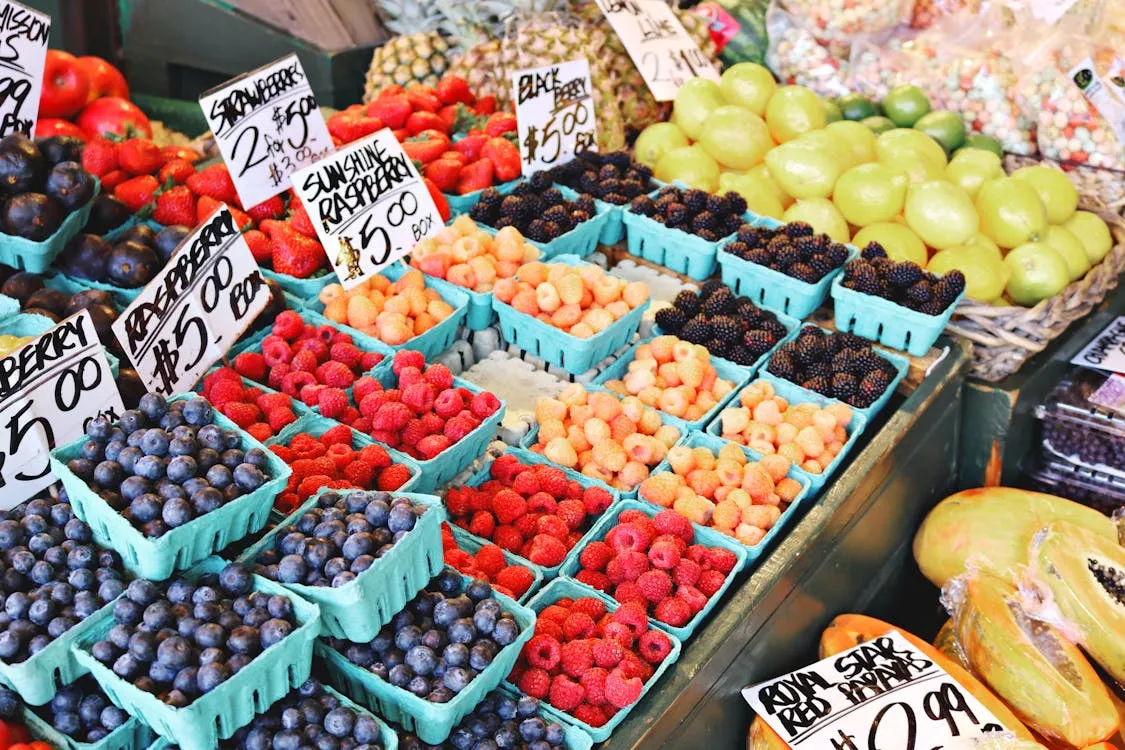 Colorful tropical fruit market stall